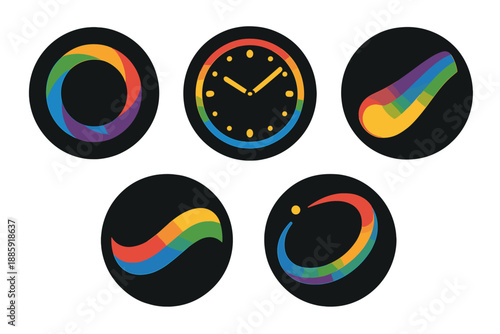 Harmony in Time Icons. Solid style round vector icons of harmony in time: rainbow loop, soft clock face, bright trail, smooth