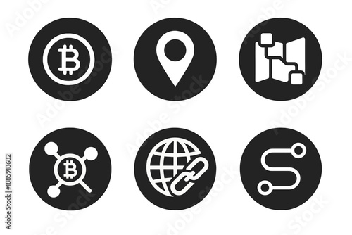 Crypto Geography Icons. Solid style round vector icons of crypto geography: digital coin, location pin, blockchain map, crypto