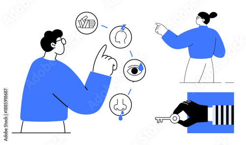 Human senses, decision-making, security, accessibility, learning, communication concepts. Person pointing at sensory icons and key. Sensory perception and decision-making