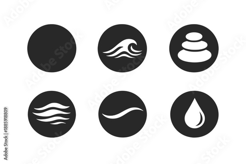 Zen Elements Icons. Solid style round vector icons of balanced simplicity: circle, wave, zen stone, mist, curve line, water drop