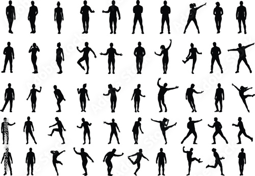 Collection of human silhouettes in various standing and dynamic poses, ideal for design, animation, motion study, and creative projects.