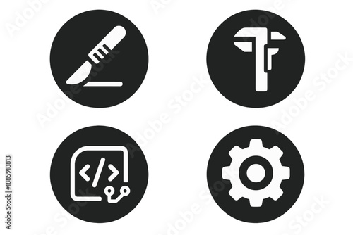 Engineering Precision Icons. Solid style round vector icons of engineering precision: scalpel, blueprint roll, caliper, circuit