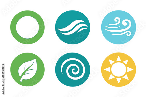 Harmony and Flow Icons. Solid style round vector icons of harmony and flow: circle, curved wave, wind line, leaf, spiral, sun No