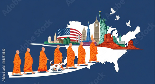 lat Vector Illustration of Buddhist Monks Walking Across a USA Map with Iconic Landmarks