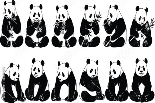 Cute panda illustrations in various poses with bamboo line art vector design for wildlife, animal character, nature, and conservation themes