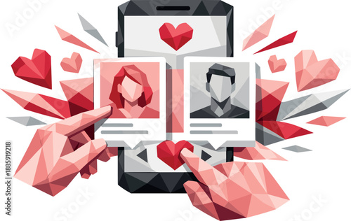 Geometric Dating App Illustration. Low-poly vector illustration of a dating app interface representing online relationships and