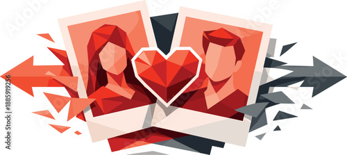 Swipe Match Geometry. Low-poly vector illustration of a dating app swipe match symbolizing connection and choice, polygonal