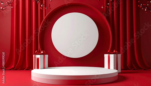 Red-themed product display featuring a round platform, arched frame, draped fabric, gifts, & berry branches for a festive look