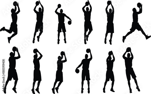 Dynamic black basketball player silhouettes in various action poses for sports design, motion study, athletic training, and competitive game illustration