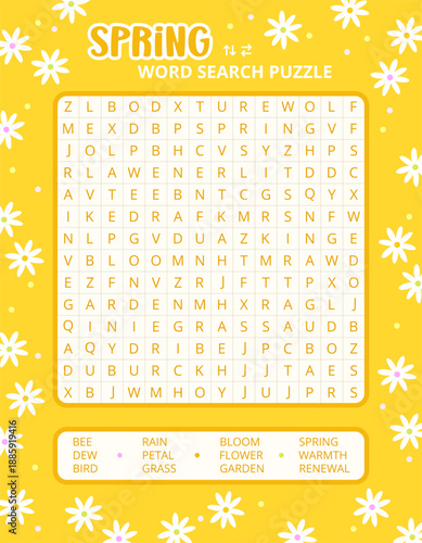 Spring word search puzzle game on a yellow daisy background worksheet. Printable family activity for spring season. Educational game for children and adults, learning English vocabulary