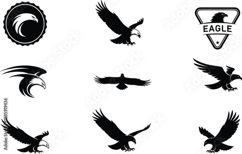 Eagle logo collection, flying eagle icons, bird of prey design, strong hawk symbols, freedom illustration, wildlife branding, powerful animal graphics