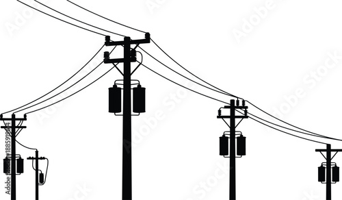Electric power lines, utility poles, electrical transformers, overhead wires, energy distribution, infrastructure, urban electricity network, transmission cables, electrical poles
