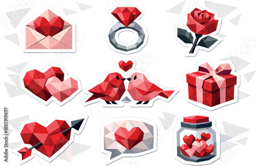 Poly Heart Stickers. Low-poly vector illustration of romantic Valentine stickers representing love messages and emotional