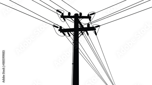 Electric power transmission pole silhouette vector illustration with multiple overhead cables utility infrastructure energy distribution isolated black design