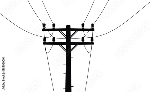 Electric utility distribution power pole vector illustration with ceramic insulators and overhead transmission lines isolated on white background