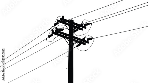 Electric utility distribution power pole vector illustration with ceramic insulators and overhead transmission wires isolated on white background