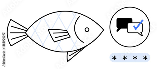 Fish with patterned scales next to chat bubbles containing a checkmark and a masked password field. Ideal for communication, security, authentication, data privacy, digital interaction, technology