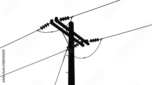 Electric utility power pole silhouette vector illustration with angled crossarms insulators overhead transmission lines energy infrastructure isolated black design concept