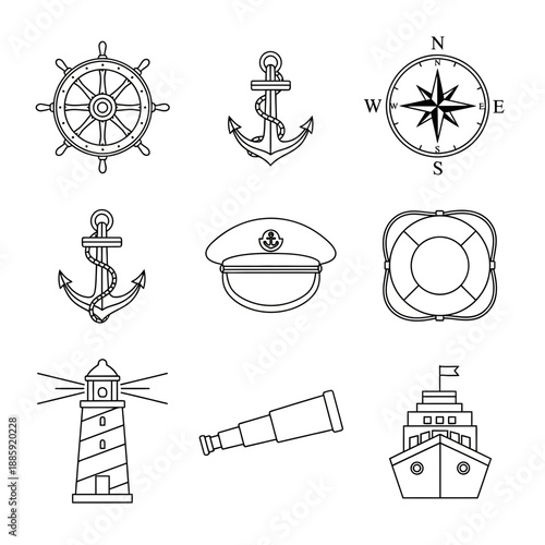 Nautical Line Icons Set – Marine Navigation, Ship & Ocean Symbols