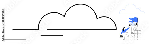 Cloud storage, digital technology, innovation, teamwork, remote work, online solutions. Female figure working with tools on a cloud-thumbs up structure. Cloud storage and digital technology concept