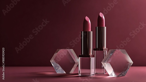 Wallpaper Mural Two pink lipsticks with geometric glass props on pink background Torontodigital.ca