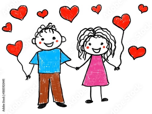 Like children drawing  imitation of hand drawing digital illustration girl and boy with heart balloons Valentine day vibe picture love romantic vibe
