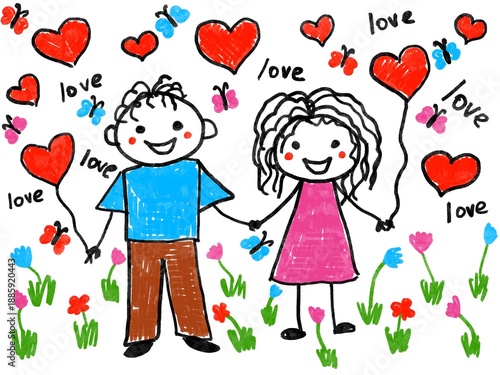 Like children drawing  imitation of hand drawing digital illustration girl and boy with heart balloons Valentine day vibe picture love romantic vibe