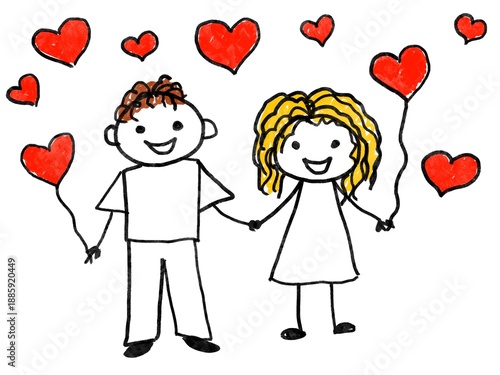 Like children drawing  imitation of hand drawing digital illustration girl and boy with heart balloons Valentine day vibe picture love romantic vibe