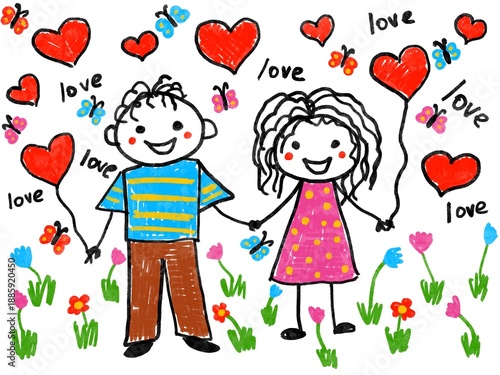 Like children drawing  imitation of hand drawing digital illustration girl and boy with heart balloons Valentine day vibe picture love romantic vibe