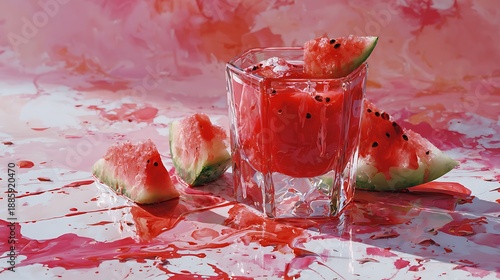 Wallpaper Mural Watermelon juice in transparent glass with slices on pink background Torontodigital.ca