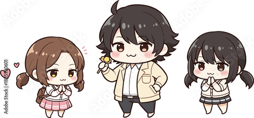 Cute chibi cartoon characters illustration set with boy and girls showing sweet emotions love and friendship in kawaii flat vector style