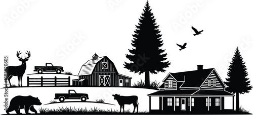 Black and white illustration of farm house with barn and silhouettes of animals and trees  rural landscape scene