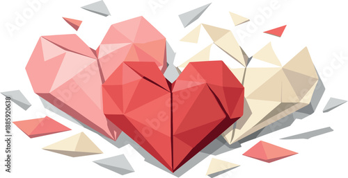 Geometric Paper Hearts. Low-poly vector illustration of folded paper hearts representing DIY romance and emotional sincerity,