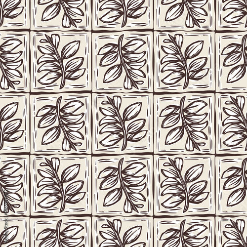 Hand drawn bold floral bloom lino cut style seamless pattern background. Flat vector stylish design wildflower motif Patchwork block print. Rustic neutral organic feel for fabric textile linen look