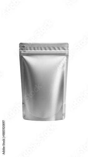 Silver stand-up pouch with zipper isolated on transparent background