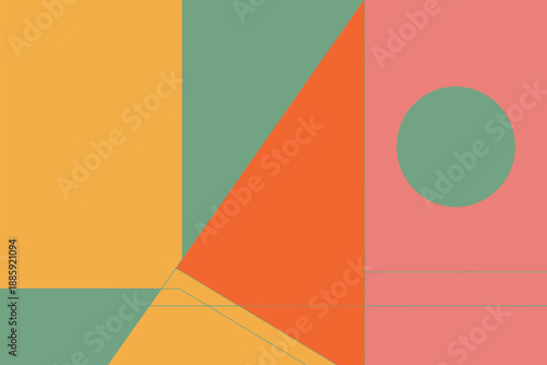 A colorful abstract geometric composition with various shapes and lines