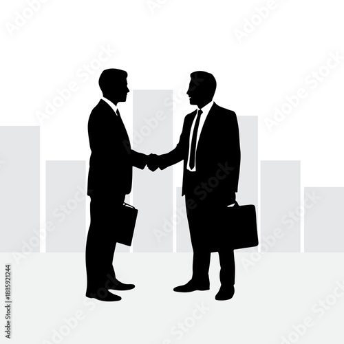 Two businessmen shaking hands in a professional setting with a cityscape background