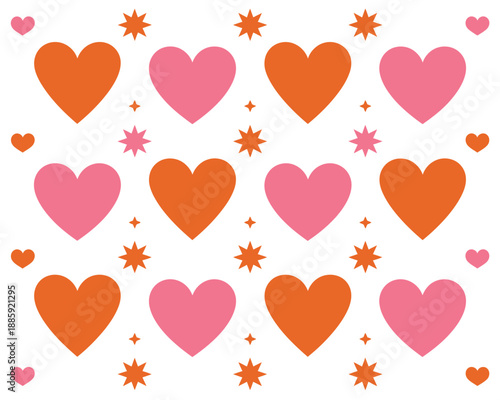 A colorful pattern of hearts and stars in shades of pink and orange on a white background