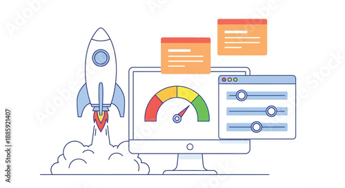 Startup Rocket Launch Concept With Computer Dashboard And Performance Gauge Visual