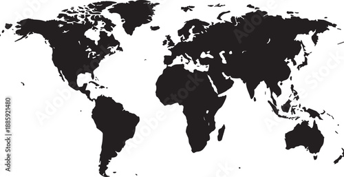 Black and white map of the with filled-in continents also transparent background