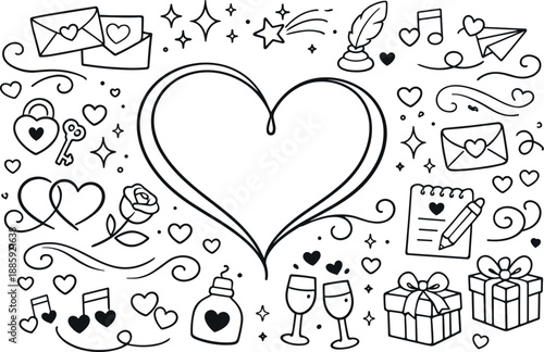 Elegant Heart Outline. Elegant heart outline with a continuous curved line, surrounded by sparkles, dots, gentle swirls, and love