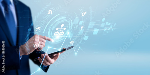 Software developer using the tablet and analyzing algorithm development data. computational logic design, problem solving workflow, coding optimization strategy