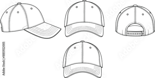 Baseball cap technical drawing, front side back views, blank snapback hat template, fashion headwear line art vector, isolated white background