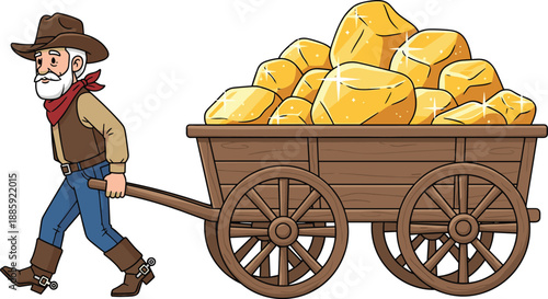 Gold miner cartoon illustration, prospector pulling wagon full of gold nuggets, mining concept vector, western character, isolated white background, cad illustration