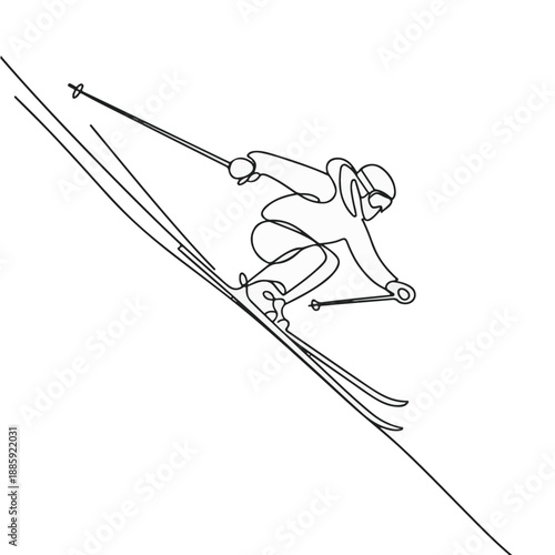 Continuous Line Skier Downhill, Minimal Skiing Sport Vector Illustration