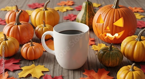 Cozy autumn morning with pumpkins and coffee