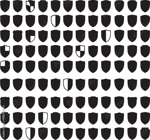 Black and white shields with various geometric shapes and patterns arranged in a grid also transparent background