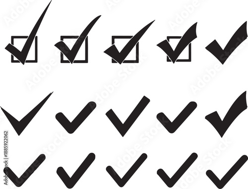 Black check marks in various styles and shapes on a white background also transparent background symbols