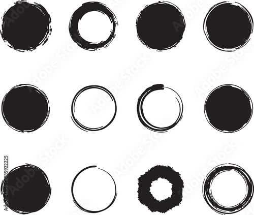 Twelve black and white circular ink blot patterns arranged in three rows of four also transparent background