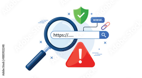 Digital illustration showing a magnifying glass focusing on a web address bar, with a red warning triangle and shield symbol, highlighting online safety, phishing risks, and careful browsing.